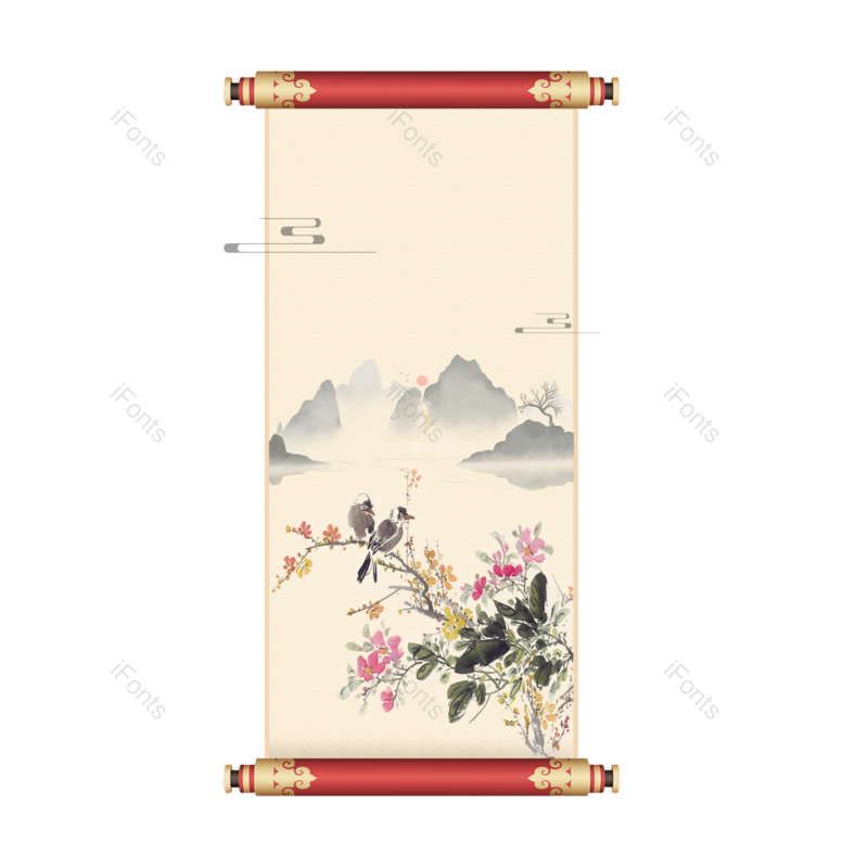 水墨图片,中国元素,树枝PNG,卷轴免抠素材
